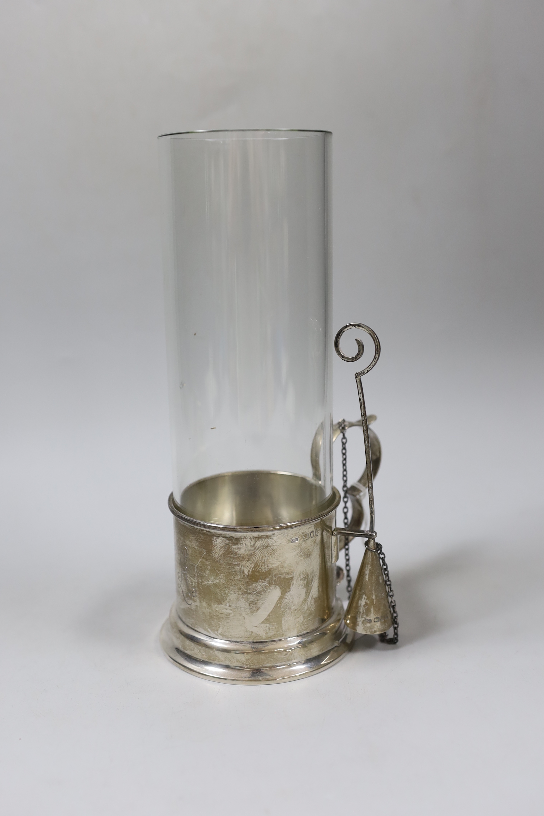 A late Victorian silver mounted glass storm shade? and extinguisher, Grey & Co, London, 1900, height 23.5cm.